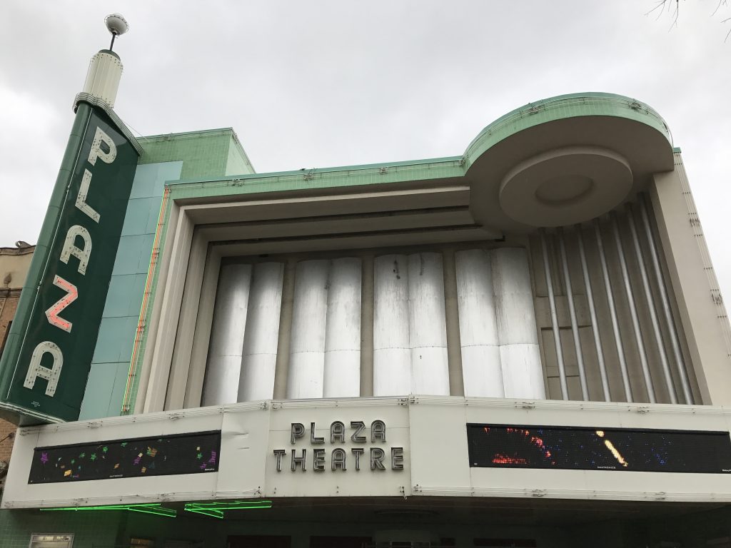 Plaza Theatre, circa 1946, is Laredo's salute to Art Moderne and was a movie venue until 1992.