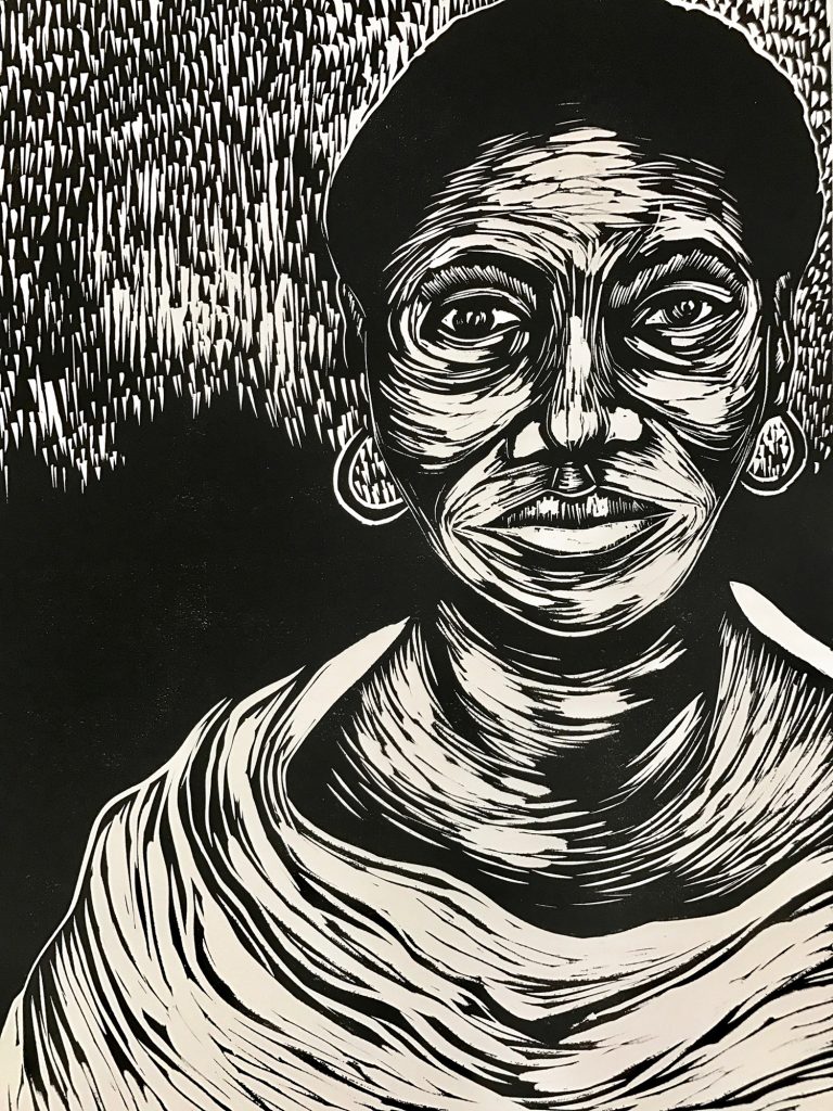 Delita Pinchback Martin's limited-edition linocut, "The Seeker," 2017, is among the collecitble auction lots at the Birthday Bash Ungala benefit. Martin is also honored with The Collective's Arts in Action Award.