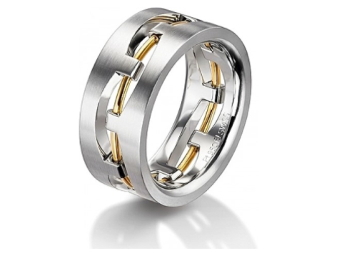 Furrer Jacot men's wedding band featuring a modern sculptural design with a metal wire in the middle. Model #712380000