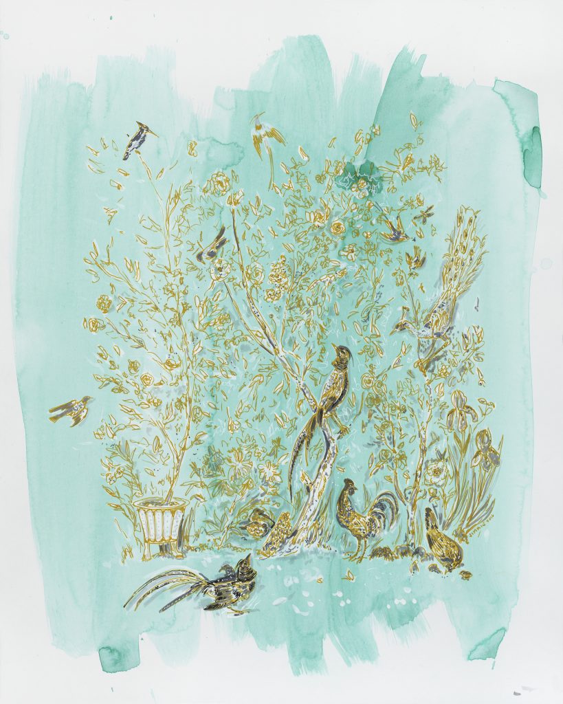 Illustration of Chinoiserie wallcovering, by Jimmie Henslee