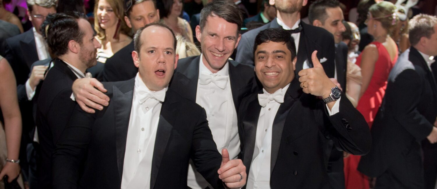 Warren Ellsworth, Sverre Brandsberg-Dahl, Dr. Vivek Subbiah in full white-tie finery at the 2017 Houston Grand Opera Ball. (Photo by Priscilla Dickson)