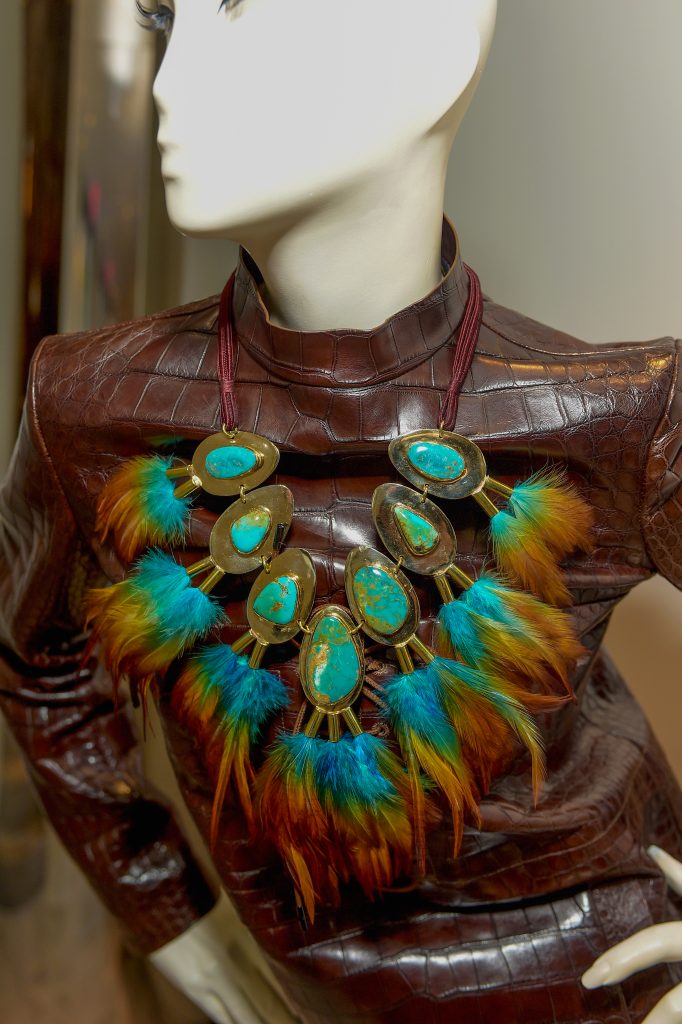 A feather necklace by Lisa Eisner for Tom Ford, photographed in 2014. (Photo by Stefanie Keenan/Getty Images for Tom Ford International)