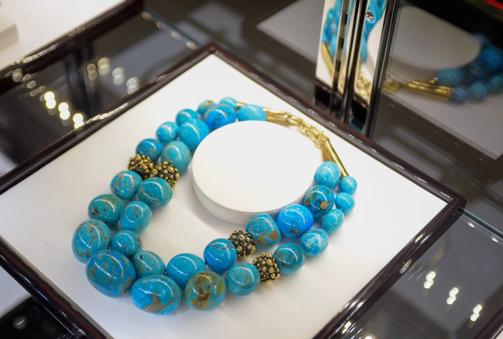 A turquoise necklace by Lisa Eisner for Tom Ford, photographed in 2014. (Photo by Stefanie Keenan/Getty Images for Tom Ford International)