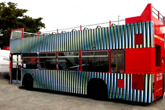 Carlos Cruz-Diez's intervention on a public bus during Art Basel Miami Beach, 2011, is typical of his inventive public practice. (© The artist)