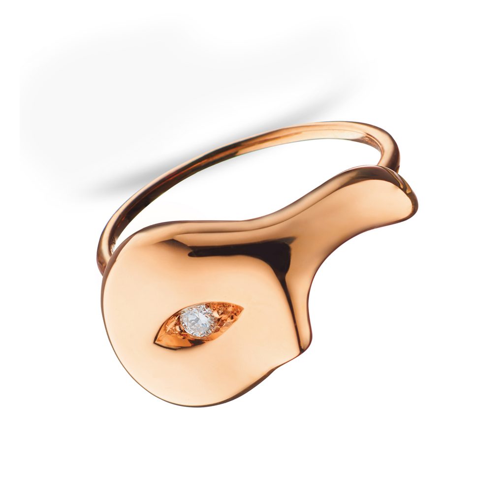 Unmasked half-mask rose-gold ring, $995