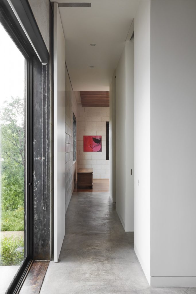 In the master bedroom, Sonia Almeida’s "Book Illustration/Magenta," 2013, from
Simone Subal, New York. Eighteenth century Italian cassapanca chest.
