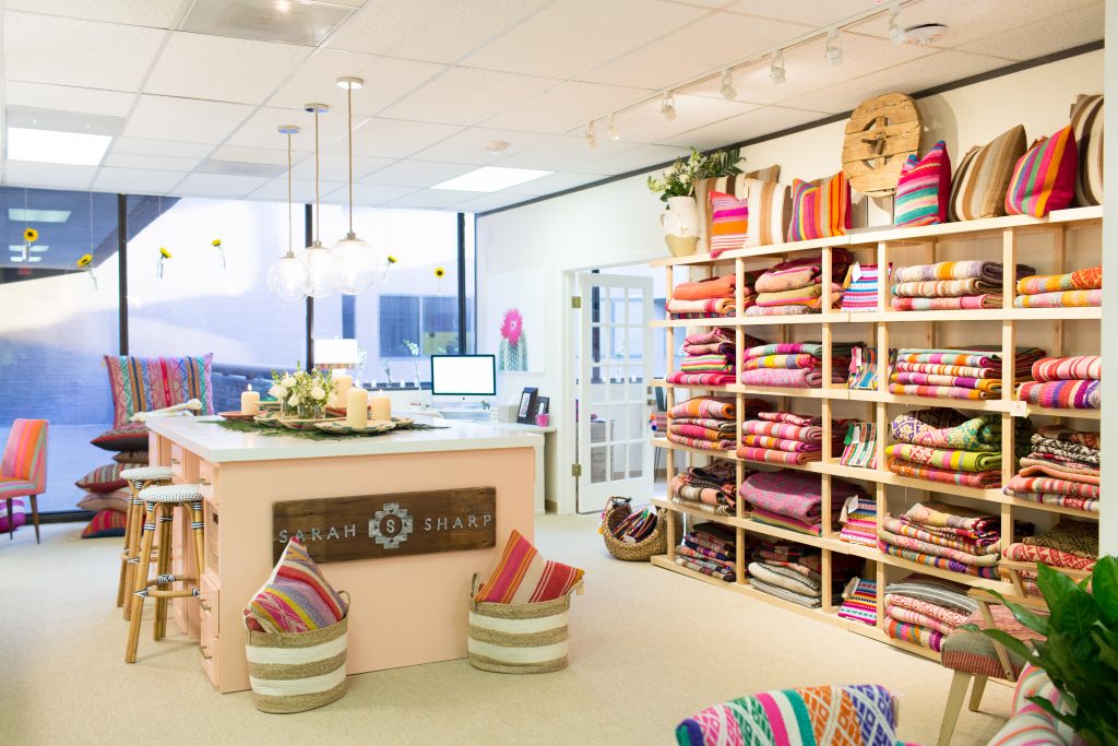 Bright and cheery wall of Peruvian textiles at Sarah Sharp showroom