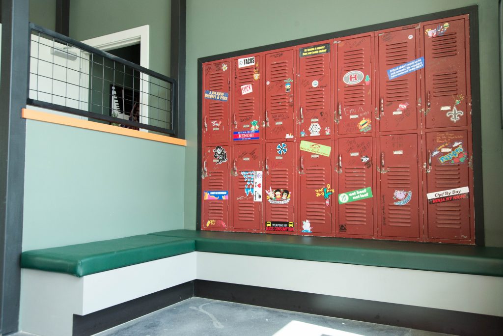 Keeping with the schoolhouse theme, lockers are on full display at Bernie's Burger Bus in the Heights. 