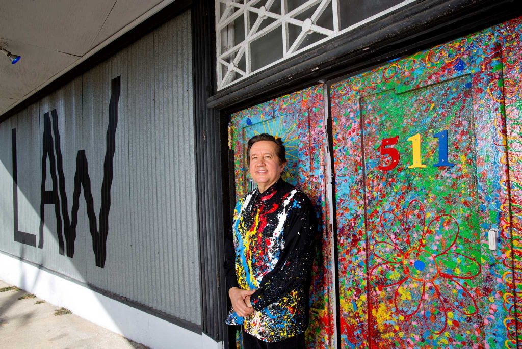 Randall Kallinen, civil rights attorney and artist in front of his gallery, law office and home, Kallinen Contemporary. Photo by Thomas B. Shea