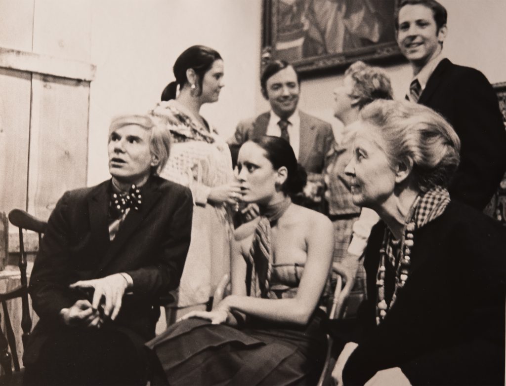 Andy Warhol, Jane Forth, and Dominique de Menil with other guests, at the exhibition "Raid the Icebox 1 with Andy Warhol," at Rice Museum, Institute for the Arts, Rice University, 1969. (Courtesy Menil Archives, The Menil Collection, Photo Hickey-Robertson)