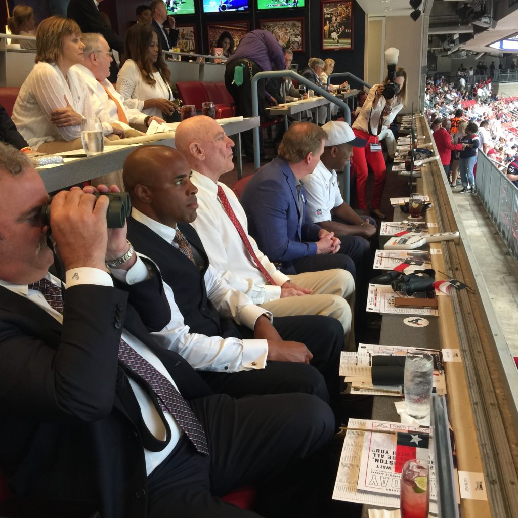 Cal McNair, Rick Smith, Bob McNair, Roger Goodell, Mayor Sylvester Turner. (Photo by Shelby Hodge.)