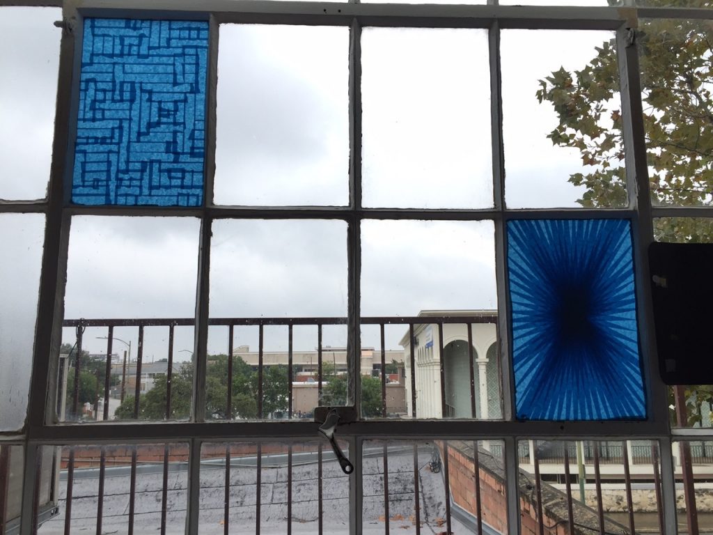 The view from Martha Wilson’s studio, with in-situ artworks left by previous artists-in-residence.