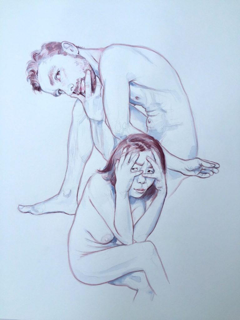 Ink drawing from my time in British Columbia this summer, “Ben with Kankan Hiding Behind Her Fingers”