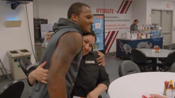 Deshaun Watson gave his entire game check to cafeteria workers hurt by Harvey. He received plenty of hugs in return.