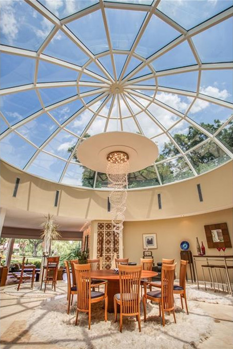 The large glass dome is the most unique feature of the circular home. 