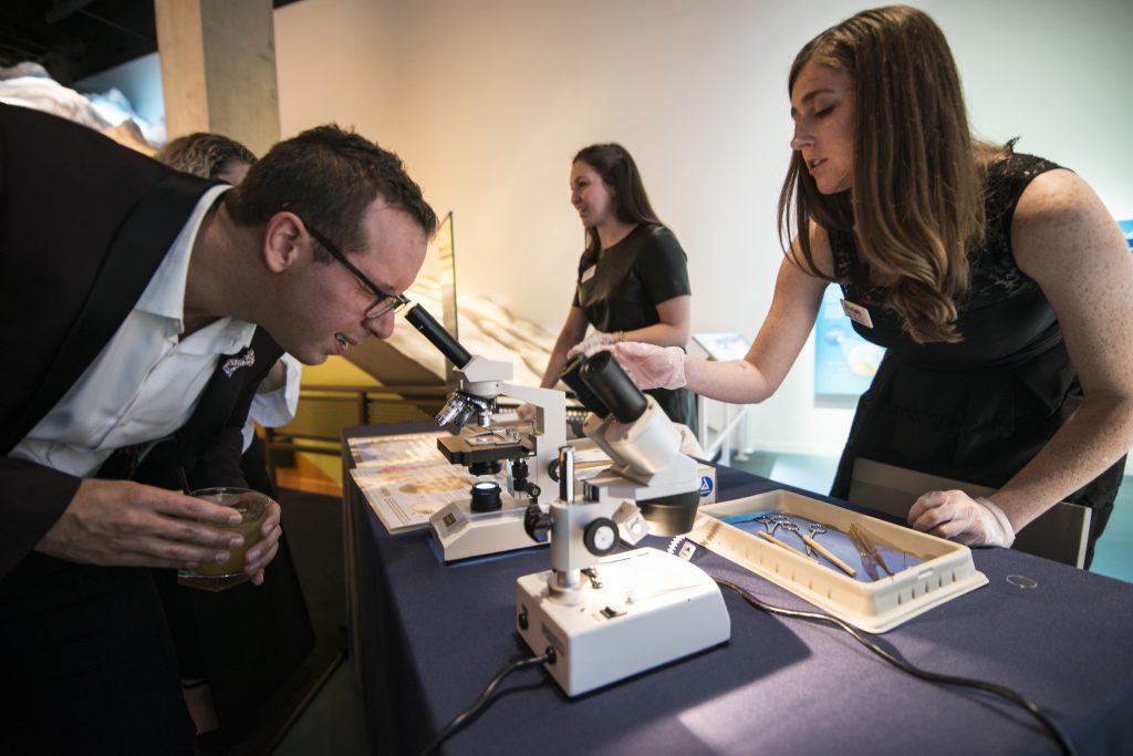 Party guests at the Awesome Anatomy: Squid Dissection station