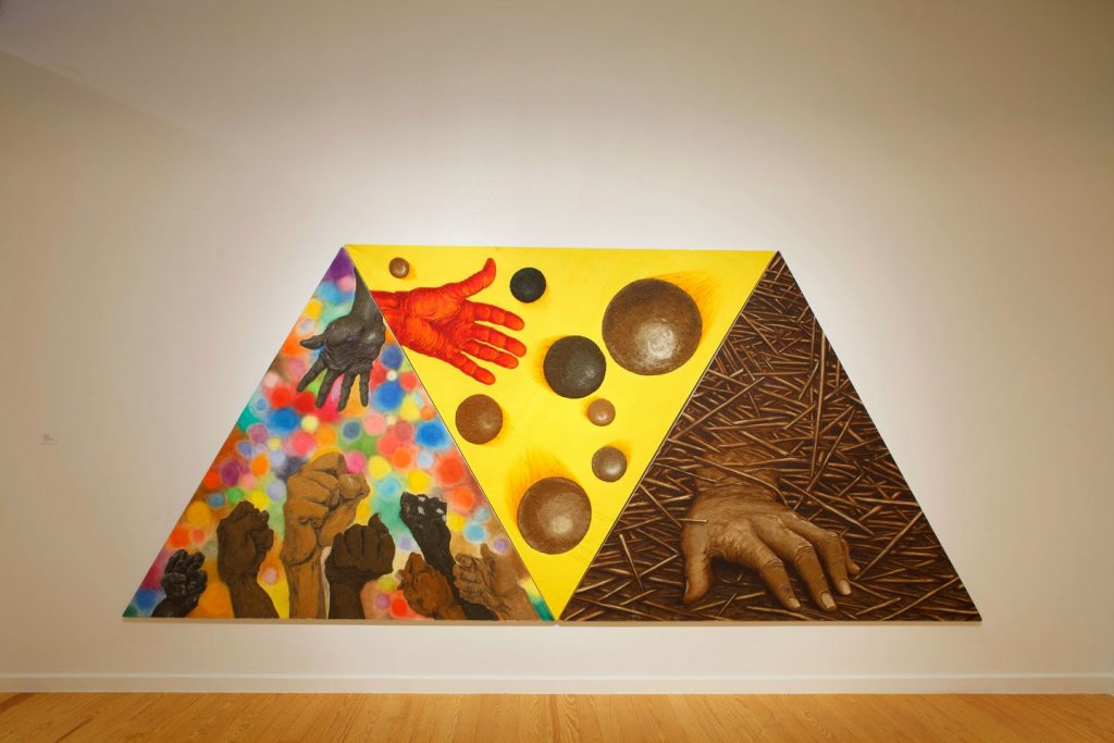 Wayne Gilbert's epic painting comprised of three canvases, all bearing human remains: Reason; God's Balls; A Guy Named Murphy, as shown at the Station Museum of Contemporary Art.in 2016. (Courtesy the Station Museum of Contemporary Art)