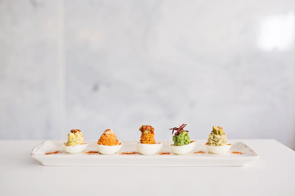 A flight of deviled eggs at Overeasy.