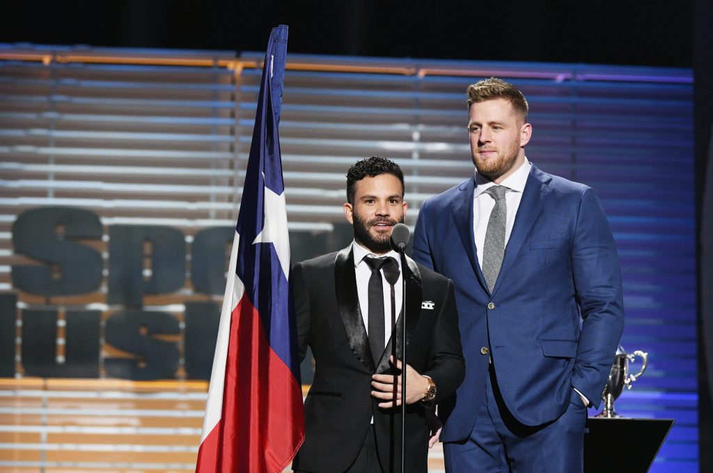 NEW YORK, NY - DECEMBER 05: J.J. Watt (R) and Jose Altuve receive the Sportsperson of the Year Award during SPORTS ILLUSTRATED 2017 Sportsperson of the Year Show on December 5, 2017 at Barclays Center in New York City. Tune in to NBCSN on December 8 at 8 p.m. ET or Univision Deportes Network on December 9 at 8 p.m. ET to watch the one hour SPORTS ILLUSTRATED Sportsperson of the Year special. (Photo by Slaven Vlasic/Getty Images for Sports Illustrated)