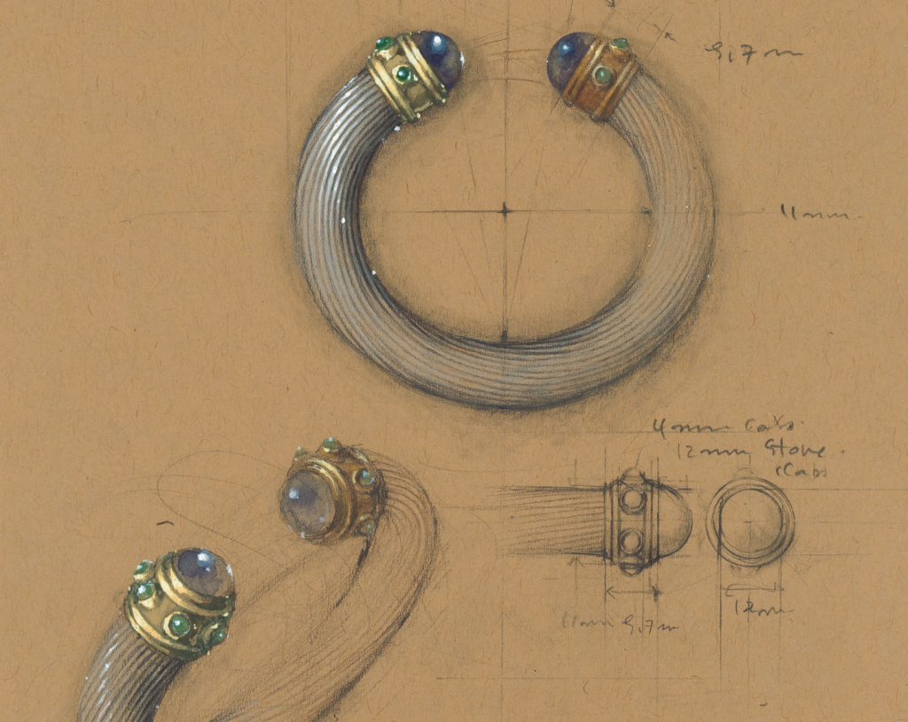 Rendering for the prototype of the Renaissance cable bracelet. Gouache, watercolor, and pencil, 1982