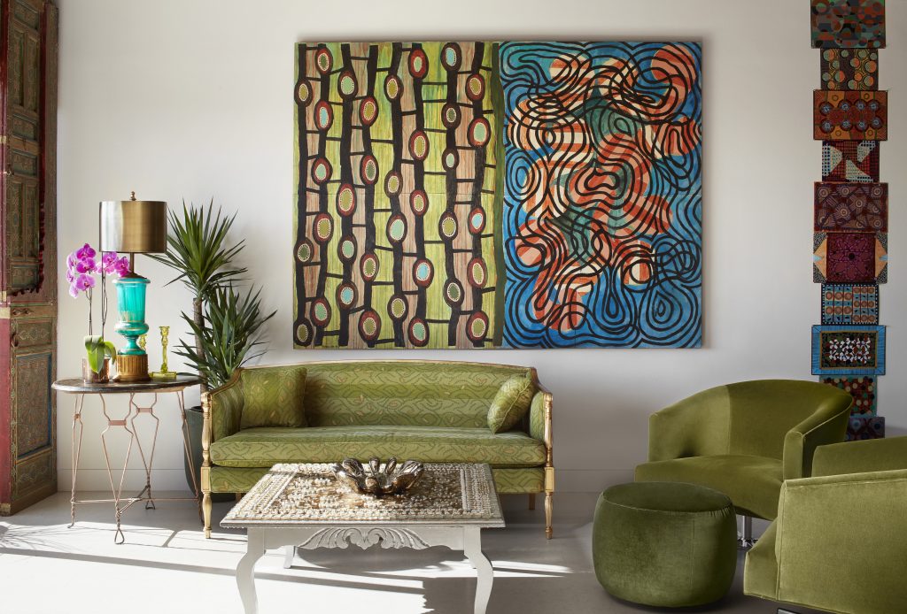 Pam Nelson’s Stem Cells, 2002, and far right, Totem, Eternity Signs, 2001. Gold-leaf sofa covered in Pam Nelson-designed New Growth velvet fabric, 2007, from Peter Fasano’s workshop. Chairs and footstool from ABC Carpet & Home. Old ice cream parlor table from an El Paso resale shop. Nelson’s mixed-mosaic coffee table with keys, stone, pearls, jingle bells, buttons, and glass, 2006. Ceramic metallic glazed bowl from HomeGoods.