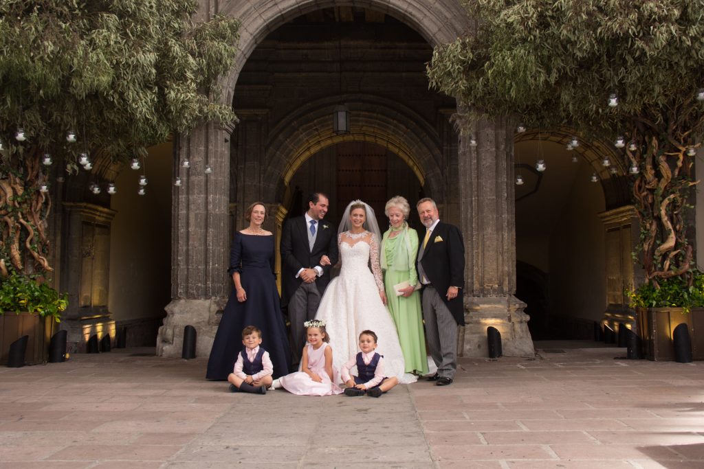 Clockwise from top left: Princess Maria Anna Galitzine, Guillermo Sierra, Princess Tatiana Galitzine, Archduchess Anna Maria Gabriela of Austria, Prince Piotr Galitzine, Damien, Lydia, and Sebastian