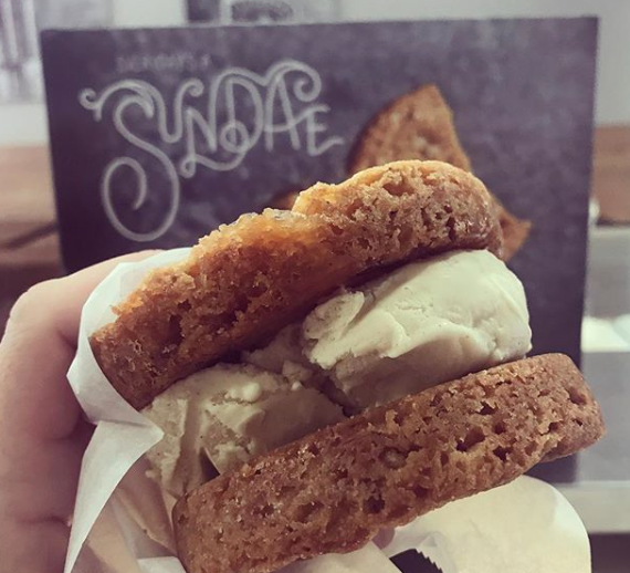 Fluff's signature Couch Potato Cookies--made with potato chips, pretzels, cornflakes, and more--make for an unexpected ice cream sandwich. 