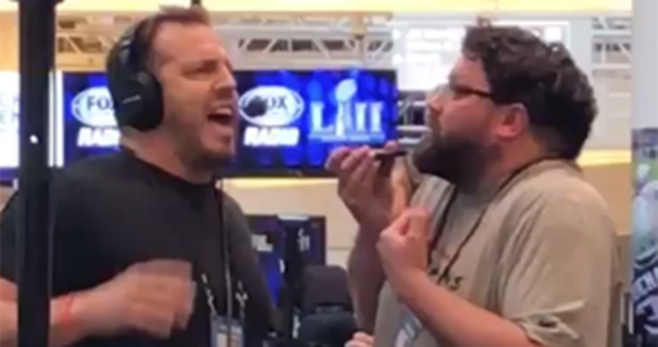 Seth Payne (left) and Josh Innes' fight on Radio Row is the talk of Super Bowl week — and national news.