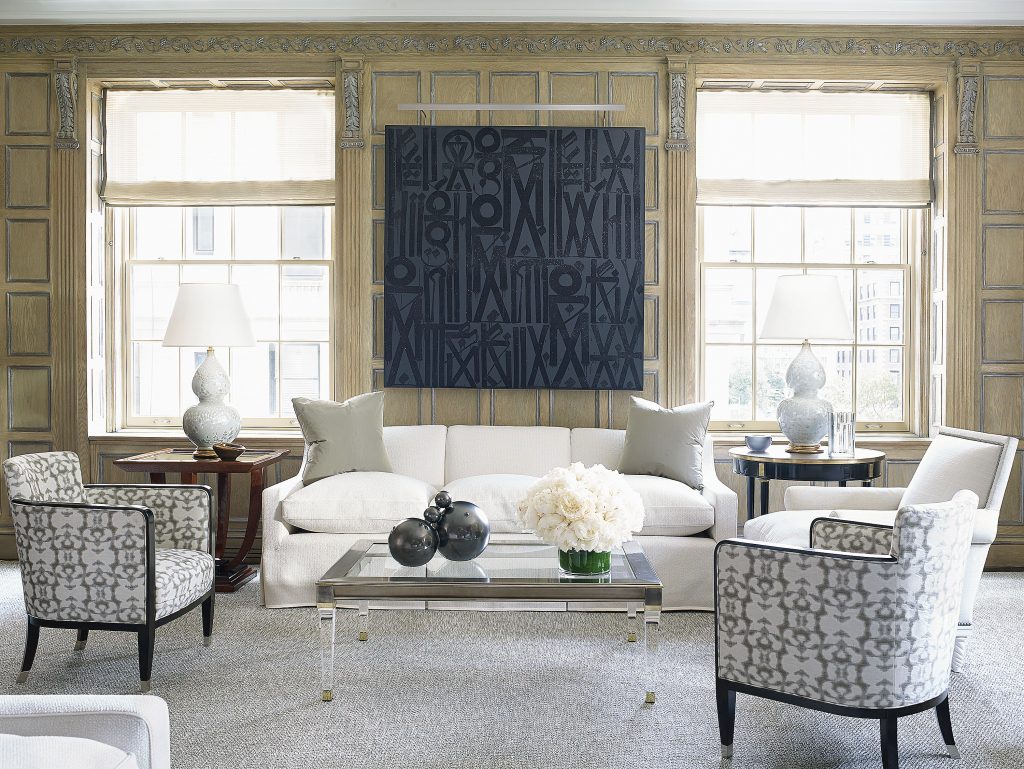 Maison Jansen coffee table from Bernd Goeckler Antiques. Custom silk rug from Patterson Flynn Martin. Vintage ebonized chairs in Donghia silk. Daniel Barney lamps. Retna's Flags Fly High, 2012.