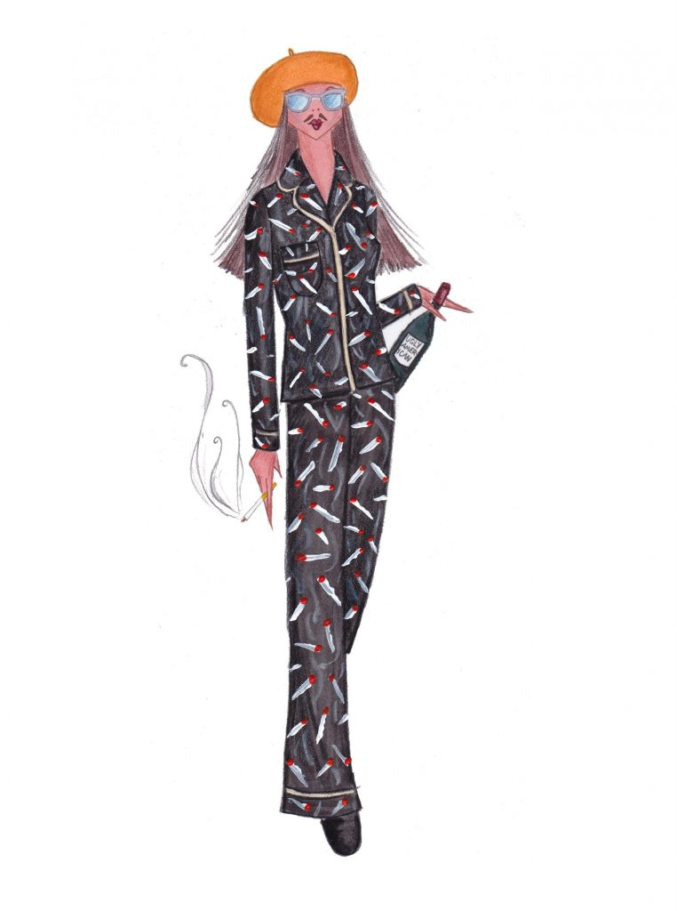 "The fall 2018 collection is inspired by the mass exodus of American brands and designers to shows in Paris, French New Wave cinema, and the Ugly American syndrome," —David Hart. (Sketch courtesy of David Hart.)