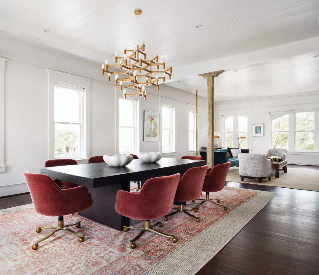 Upstairs, custom table by HTX Made. Carol Piper rug. Vintage chairs covered in Marharam mohair. 