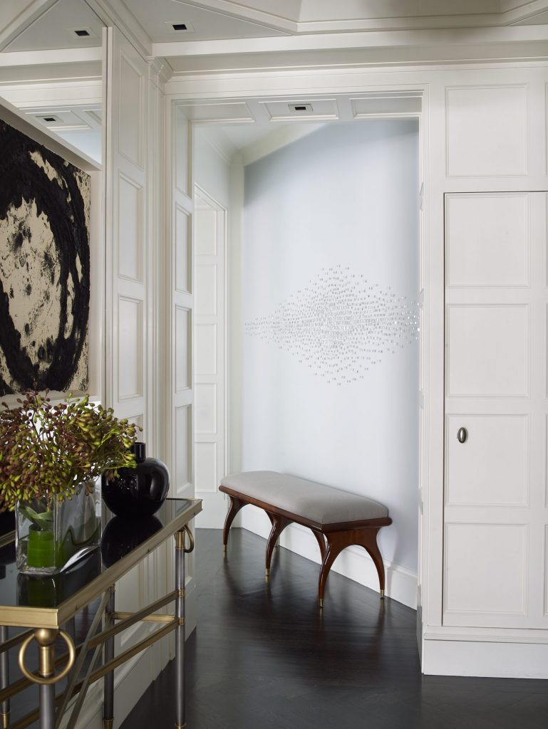 At left, a Maison Jansen console from Karl Kemp Antiques and Richard Serra's Oxidia, 2001. French 1940s bench from Karl Kemp Antiques, covered in Holland and Sherry wool sateen. Teresita Fernandez's Diamond Line, 2011.