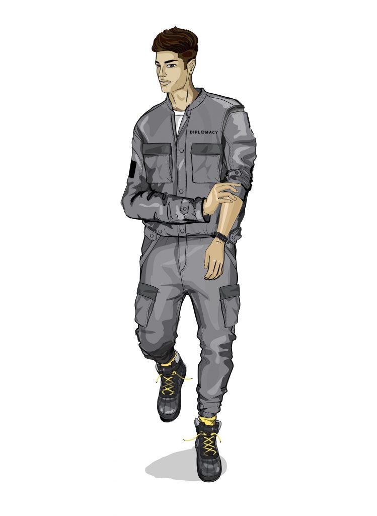 "I'm inspired by the unique movement through NYC. It's a fusion of cultures, where the MetroCard is your ticket to experience the world. I see Diplomacy in action — uptown high-fashion meets downtown streetwear to convey a million
 different statements on individuality. It is this melting pot of creativity that inspires me to create a fresh, modern perspective on menswear. — Diplomacy creative designer Eric Archibald. (Sketch courtesy of Diplomacy.)