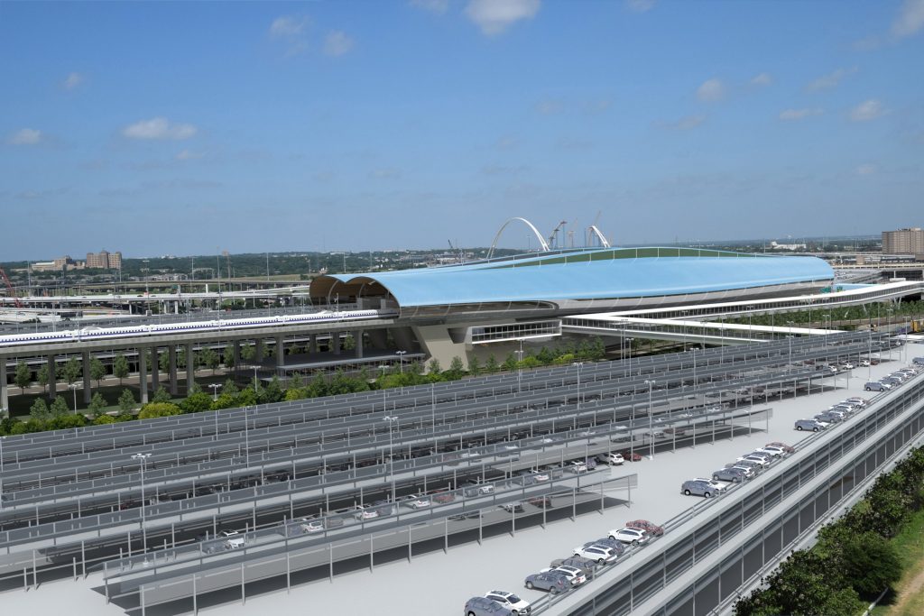 Plans for the Dallas station show a modern, multi-level terminal. 