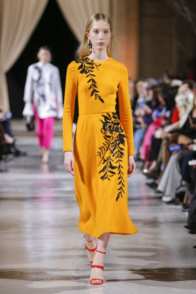Oscar de la Renta amber stretch wool dress with crystal branch embroidery.