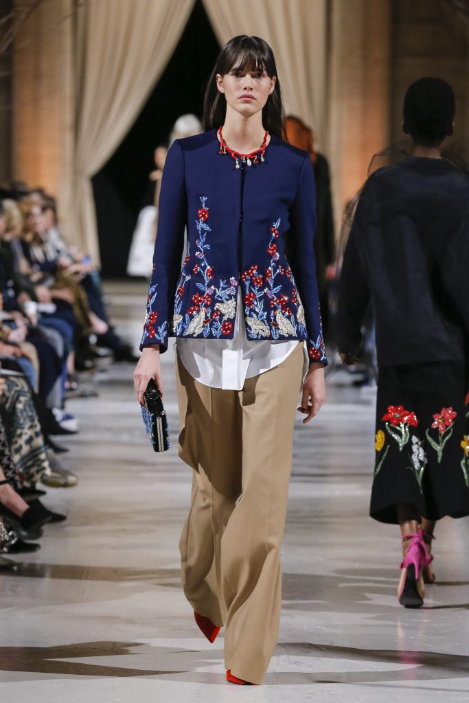 Oscar de la Renta brushed wool cashmere jacket with pheasant embroidery, white stretch cotton poplin  blouse and cotton twill pants.