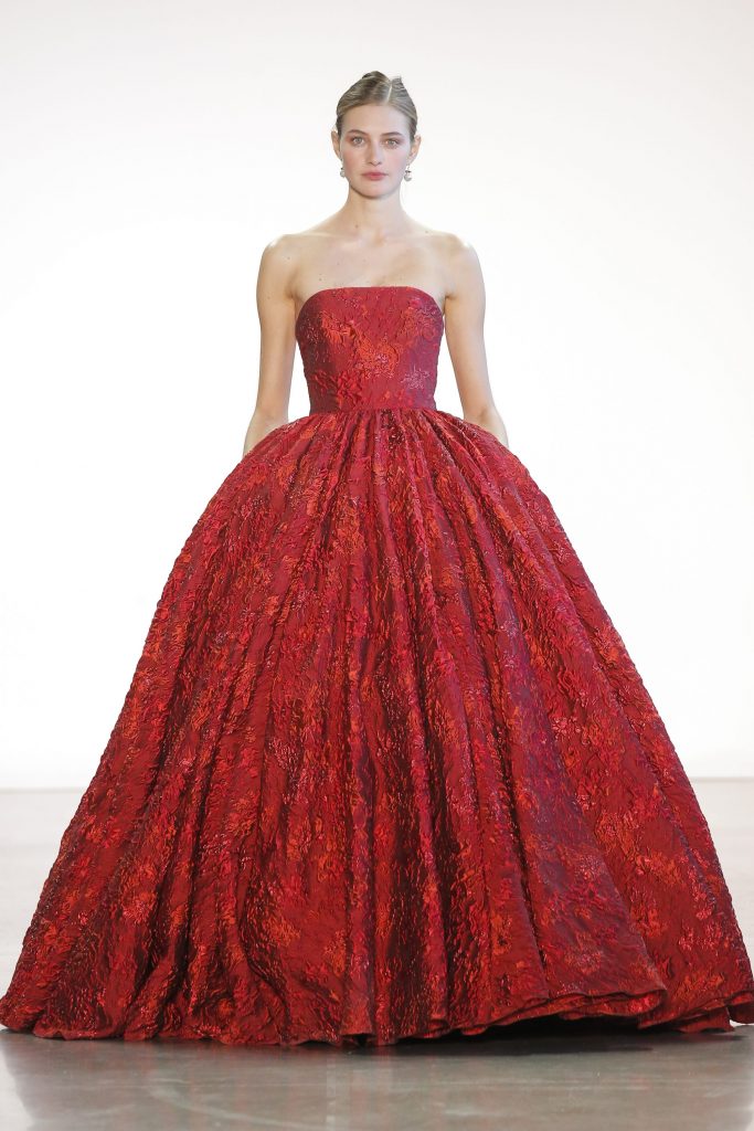 Badgley Mischka crimson silk and lurex brocade evening gown with full skirt.