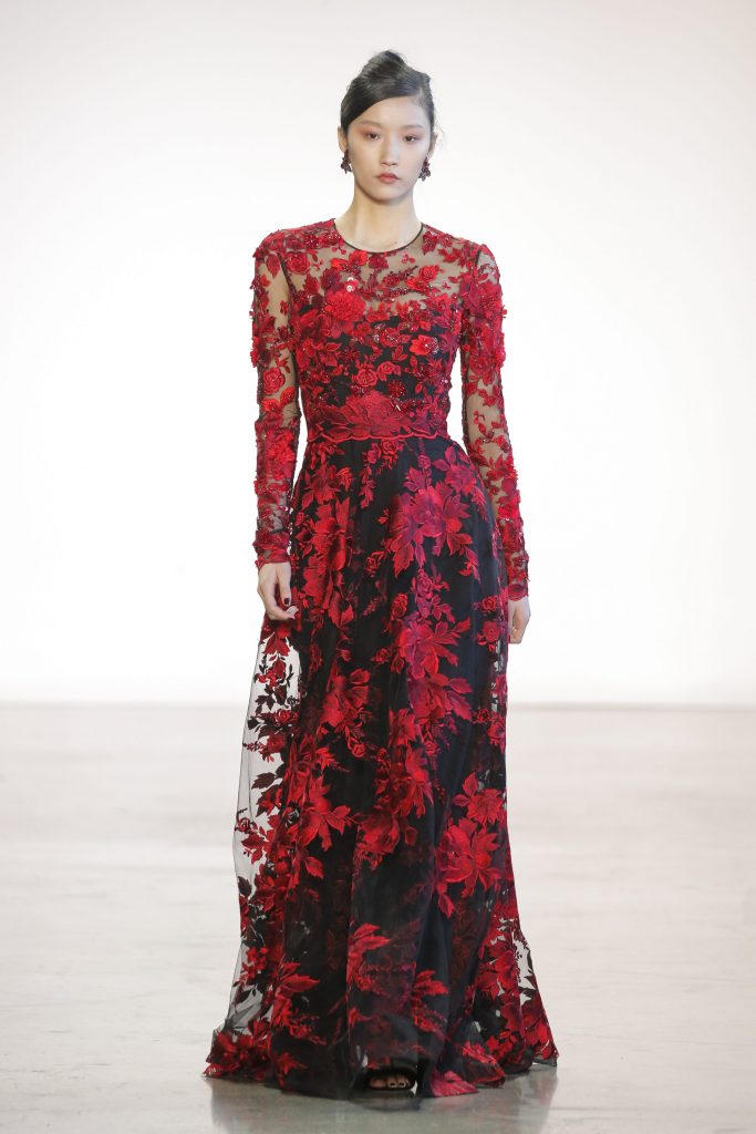 Badgley Mischka lace and tulle gown with embroidered illusion overlay. 