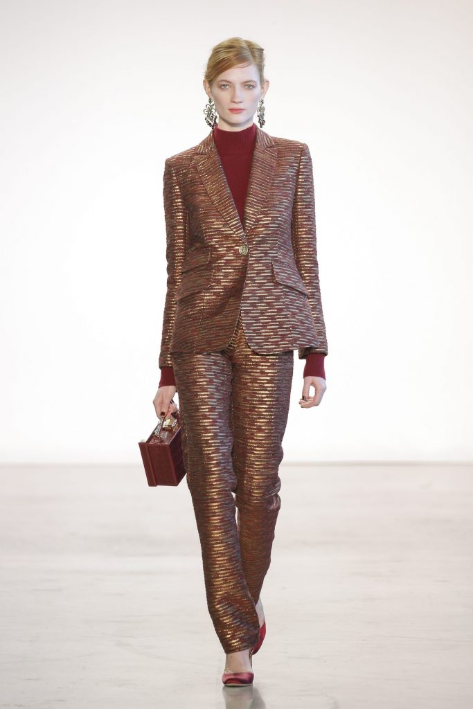 Badgley Mischka  clare/brass chenille jacquard pantsuit and claret cashmere turtleneck.