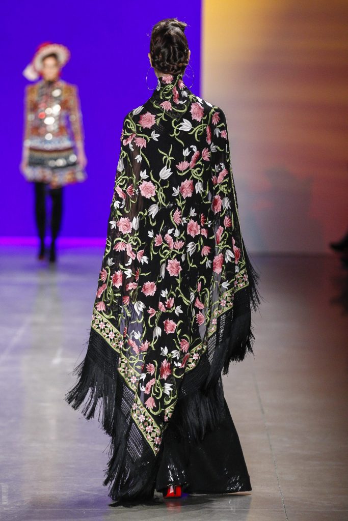 Naeem Khan sequin gown with floral embroidered cape (back view).