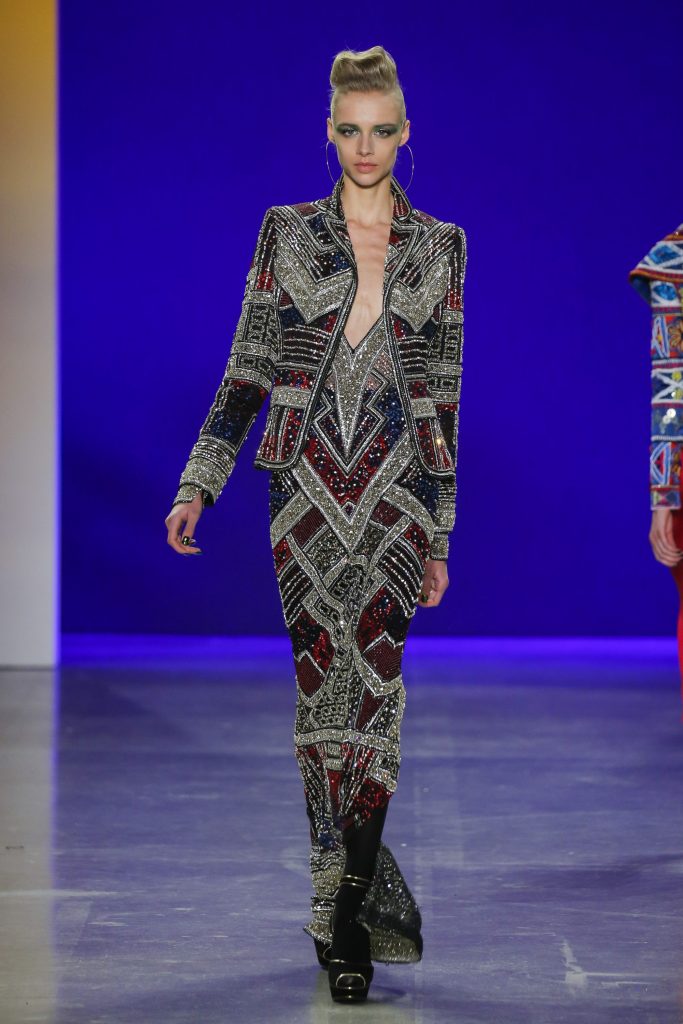 Naeem Khan sequin and crystal embroidered jacket with matching gown (front view).