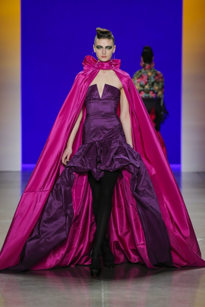 Naeem Khan taffeta strapless gown with cape (front view). 