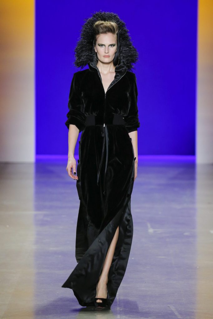 Naeem Khan velvet bomber jacket with sequined Statue of Liberty  and velvet tear away pant (front view).