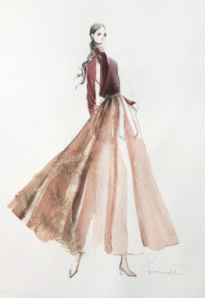"Sustainable," — Leanne Marshall. For fall winter '18, Marshall's garments will be crafted from repurposed bridal materials to invigorate the industry to see beauty in sustainability. (Sketch courtesy of Leanne Marshall.)
