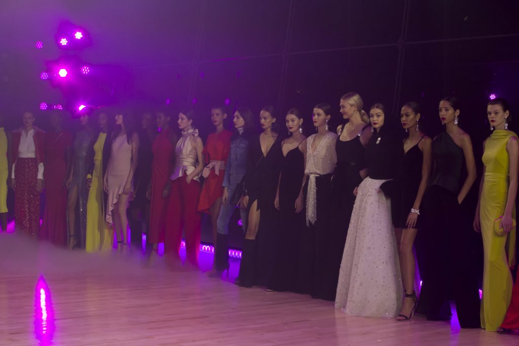 Models gathered together at the end of the Brandon Maxwell show during New York Fashion Week.