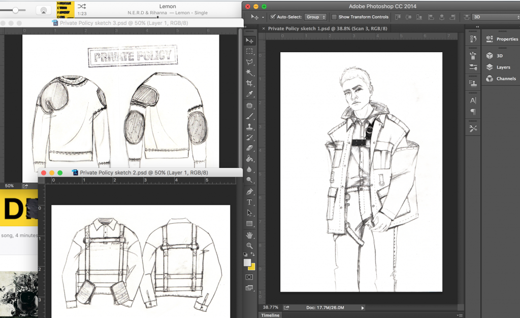 "Private Policy has dedicated its fall 2018 to the bravery of Charlie Chaplain.We also want to stand up for what is right. Anti nuclear weapon, Anti dictatorship, Anti ignorance! We mix the military uniform with the New York youth iconic silhouettes and fabrications. Once again, we want to dress up our fellow revolutionaries to be empowered to fight for our faith in love and equality," — Private Policy. (Sketch courtesy of Private Policy.)