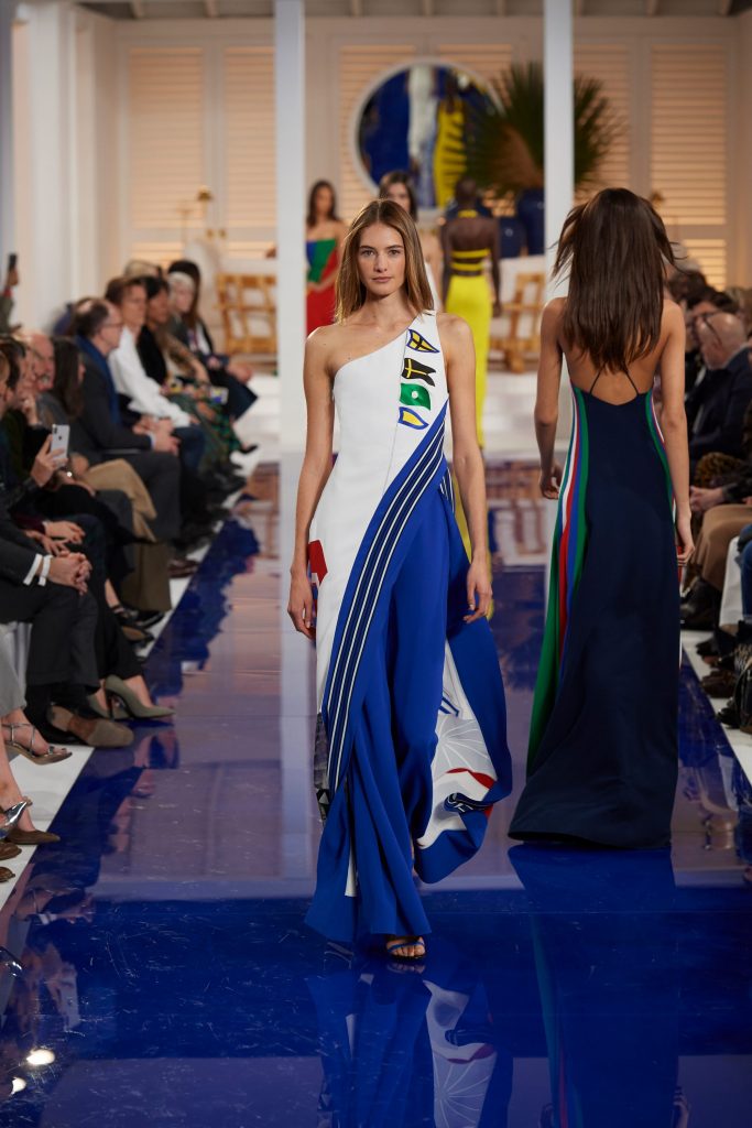 Ralph Lauren nautical crepe jumpsuit,
royal blue and navy calf sandal.