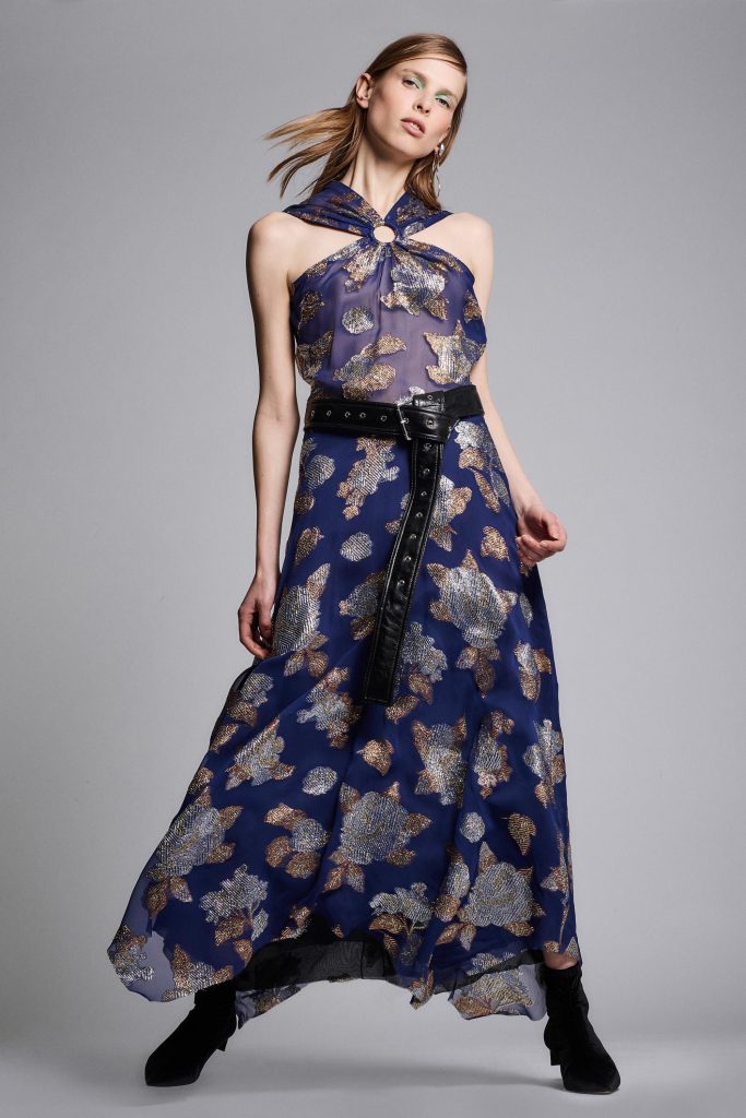 Yigal Azrouël embroidered evening dress with halter neckline. 