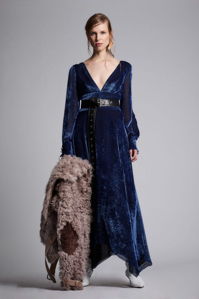 Yigal Azrouël dark blue evening dress with V neckline and shaggy jacket.