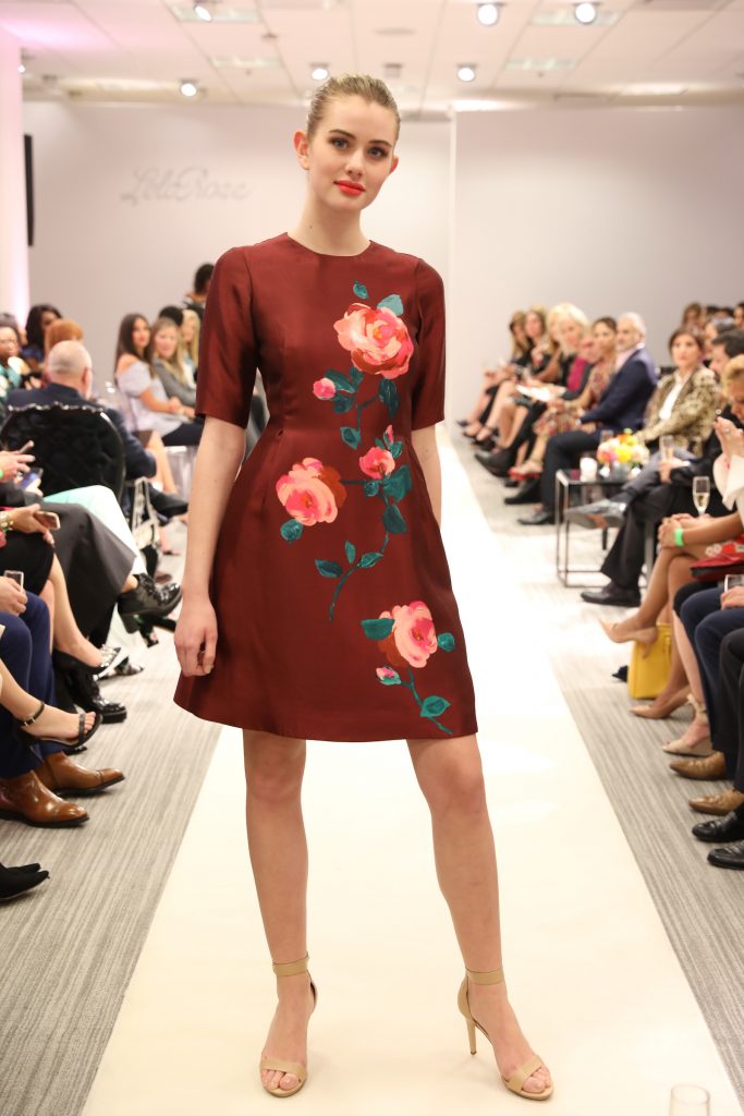 Lela Rose crimson dress with painted flowers.